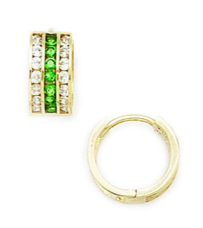 Jewelryweb 14k Yellow Gold Green Cubic Zirconia Triple Row Hoop Hinged Earrings - Measures 11x11mm