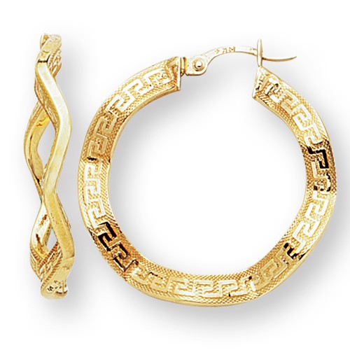 Jewelryweb 14k Yellow Gold Greek Key Hoop Earrings