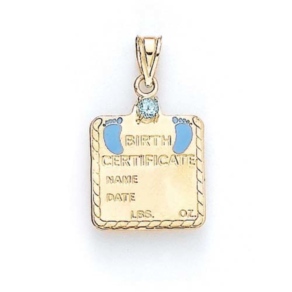 Jewelryweb 14k Yellow Gold Blue Topaz Baby Boy Birth Certificate Pendant 1 1/16Inch