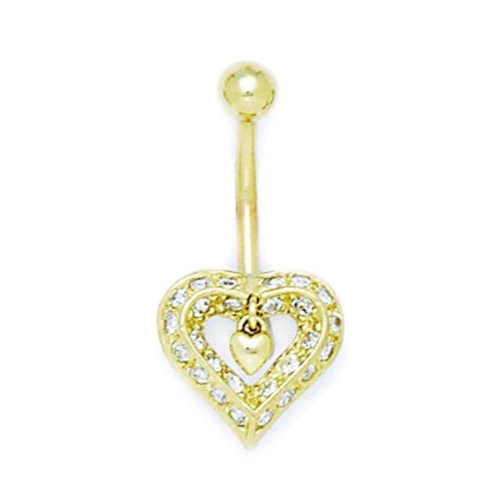 Jewelryweb 14k Yellow Gold Cubic Zirconia 14 Gauge Dangling Heart Body Jewelry Belly Ring - Measures 28x14mm