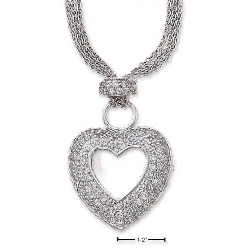 Jewelryweb 16 Inch Triple strand Necklace With Open Pave Cubic Zirconia Heart