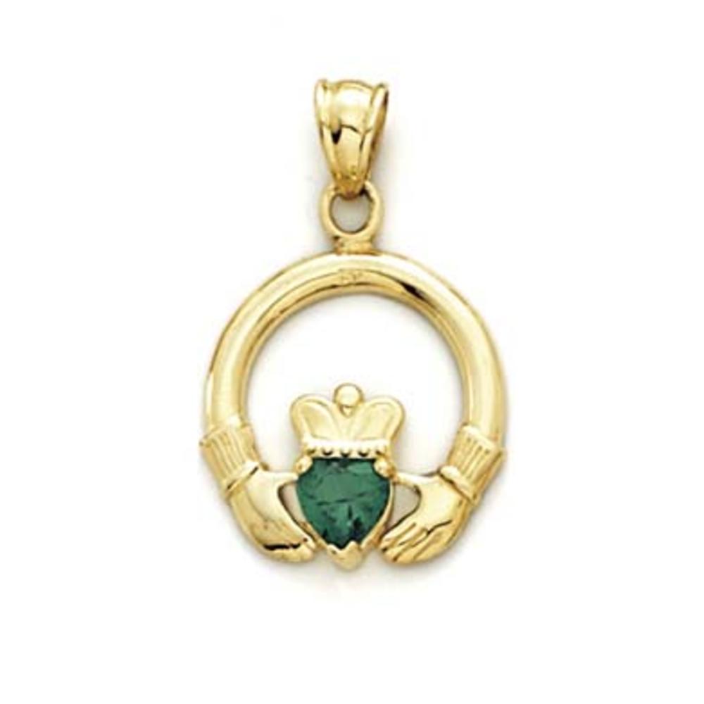 Jewelryweb 14k Yellow Gold Claddagh Simulated Emerald Pendant