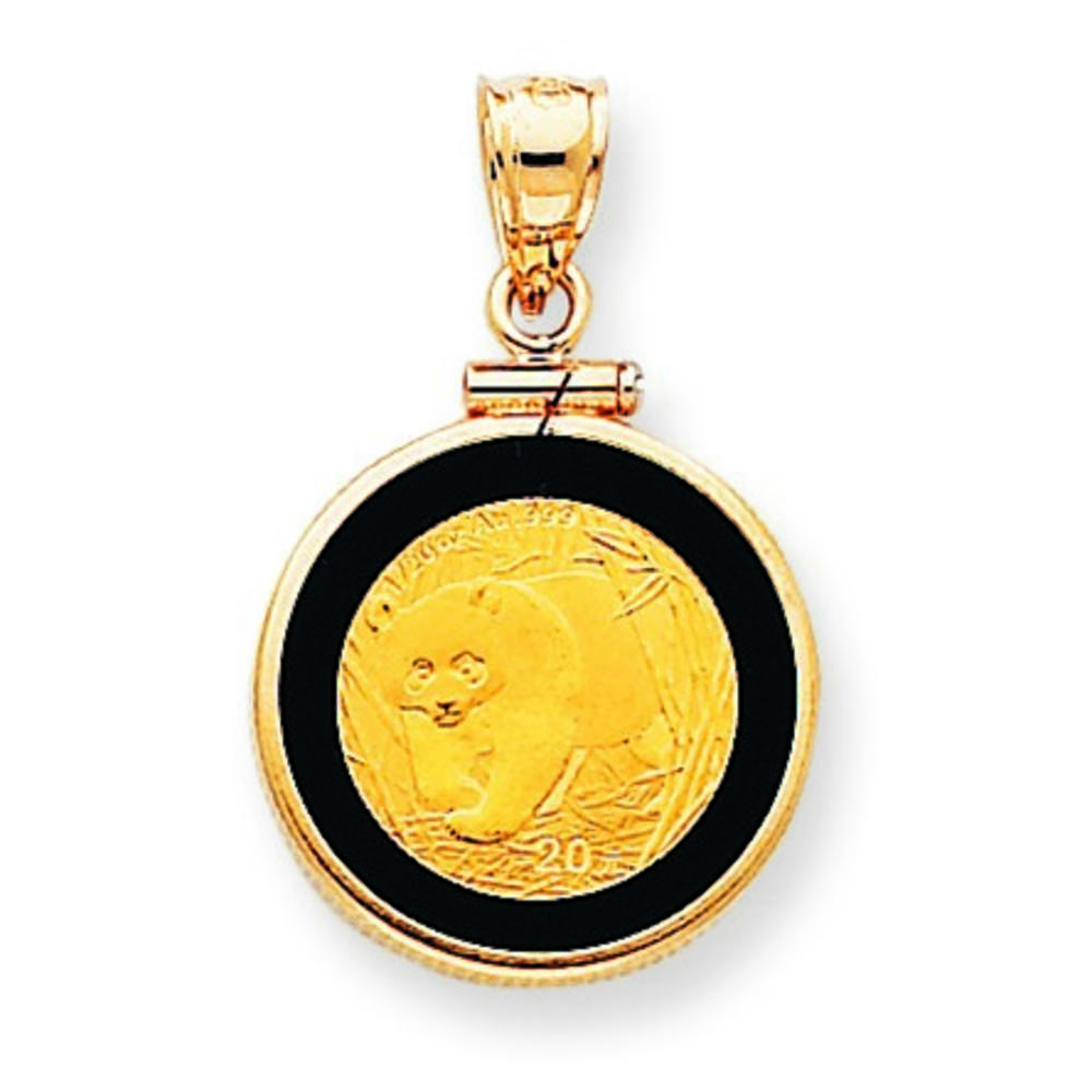 Jewelryweb 14k Yellow Gold 1/20 Oz Mounted Panda Coin In Screw Top Simulated Onyx Coin Bezel Pendant