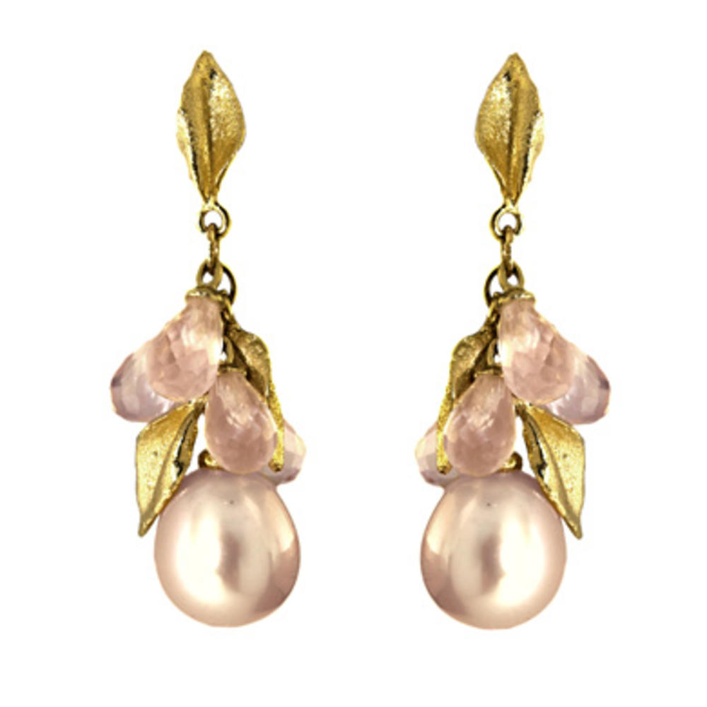 Jewelryweb 18k Yellow Gold Freshwater Cultured Pearl Rose Quarts Earrings