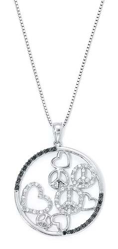 Jewelryweb Sterling Silver Black and White Diamond Heart Peace Necklace
