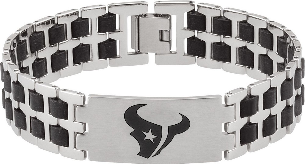 Jewelryweb Stainless Steel Houston Texans Stainless and Rubber Team Logo Bracelet 8 Inch