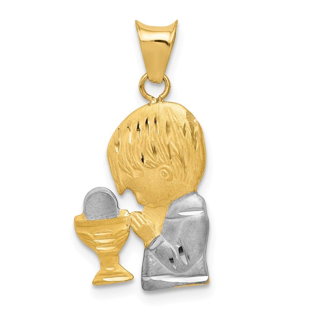 Jewelryweb 14k Yellow Gold and Rhodium Satin And Polished Boy Communion Pendant
