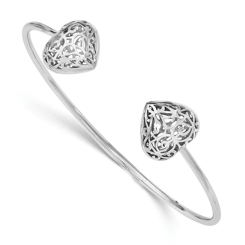 Jewelryweb 2mm Sterling Silver Heart Pendant Cuff Bangle Bracelet