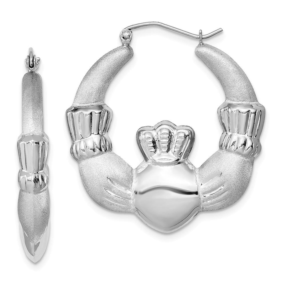 Jewelryweb Sterling Silver Polished and Satin Claddagh Hoop Earrings - Measures 35x33mm Wide