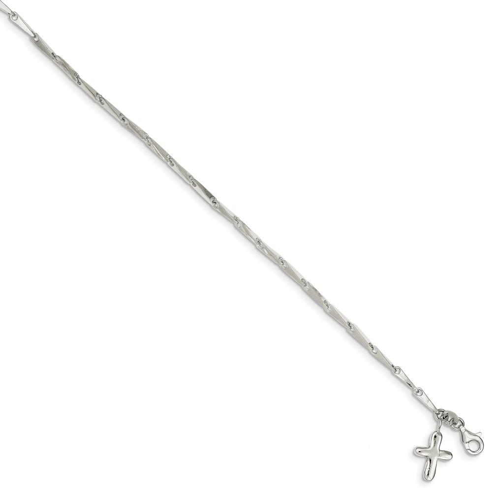 Jewelryweb Sterling Silver Solid Cross on Fancy Link Anklet - 9 Inch - Lobster Claw