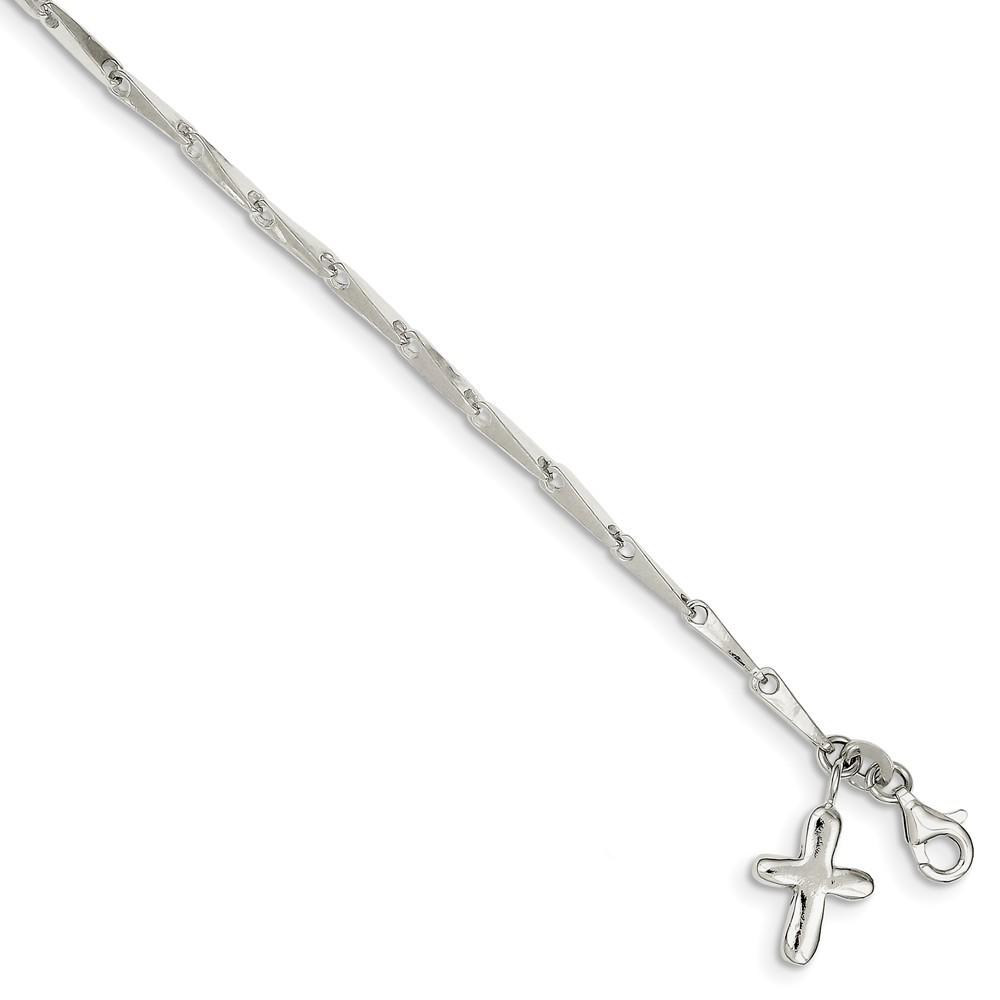 Jewelryweb Sterling Silver Solid Cross on Fancy Link Anklet - 9 Inch - Lobster Claw