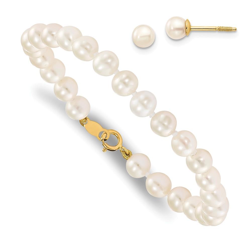 Jewelryweb 14k Yellow Gold Childs Freshwater Cultured Pearl Set - Bracelet and Post Earrings