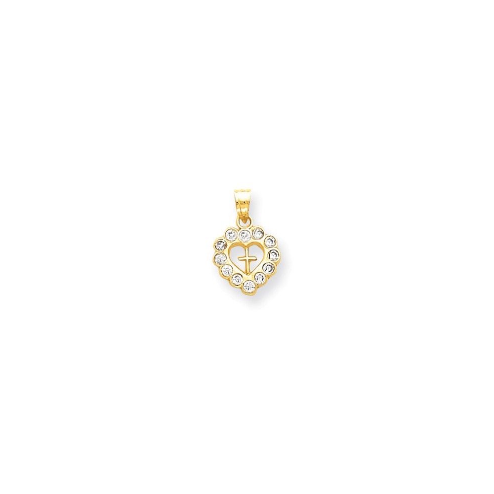 Jewelryweb 10k Yellow Gold Solid Polished Cubic Zirconia Heart with Cross Inside Charm