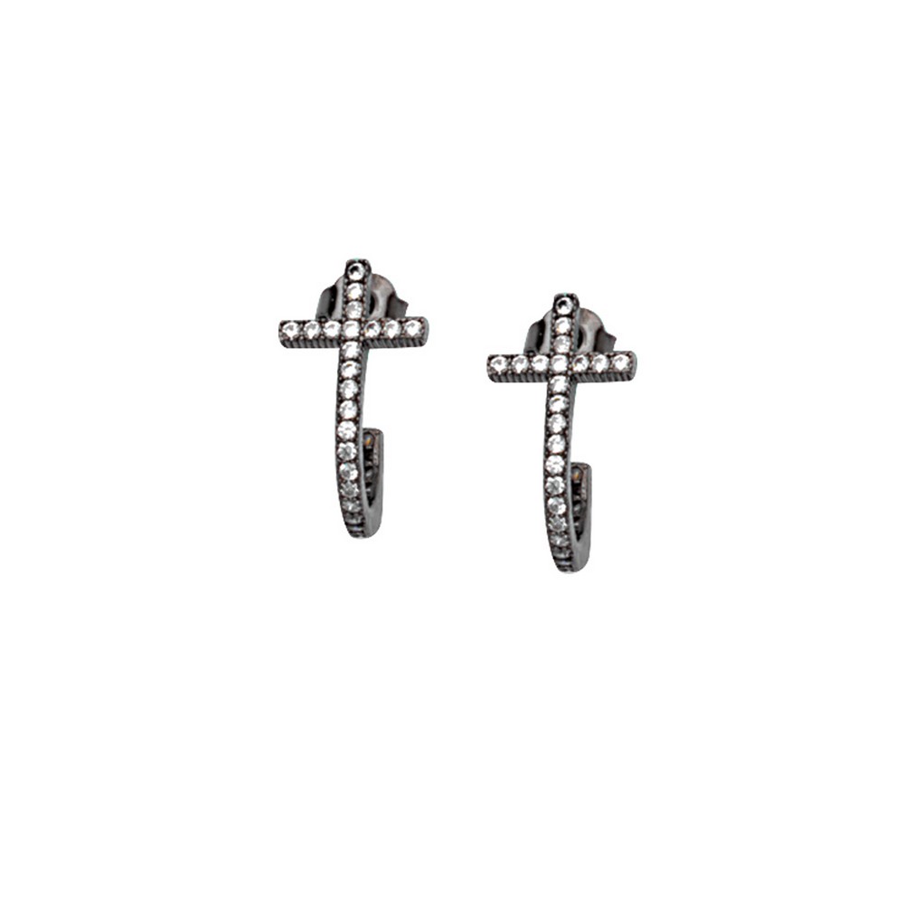 Jewelryweb Sterling Silver Black Rhodium Plated Cubic Zirconia Cross Earrings