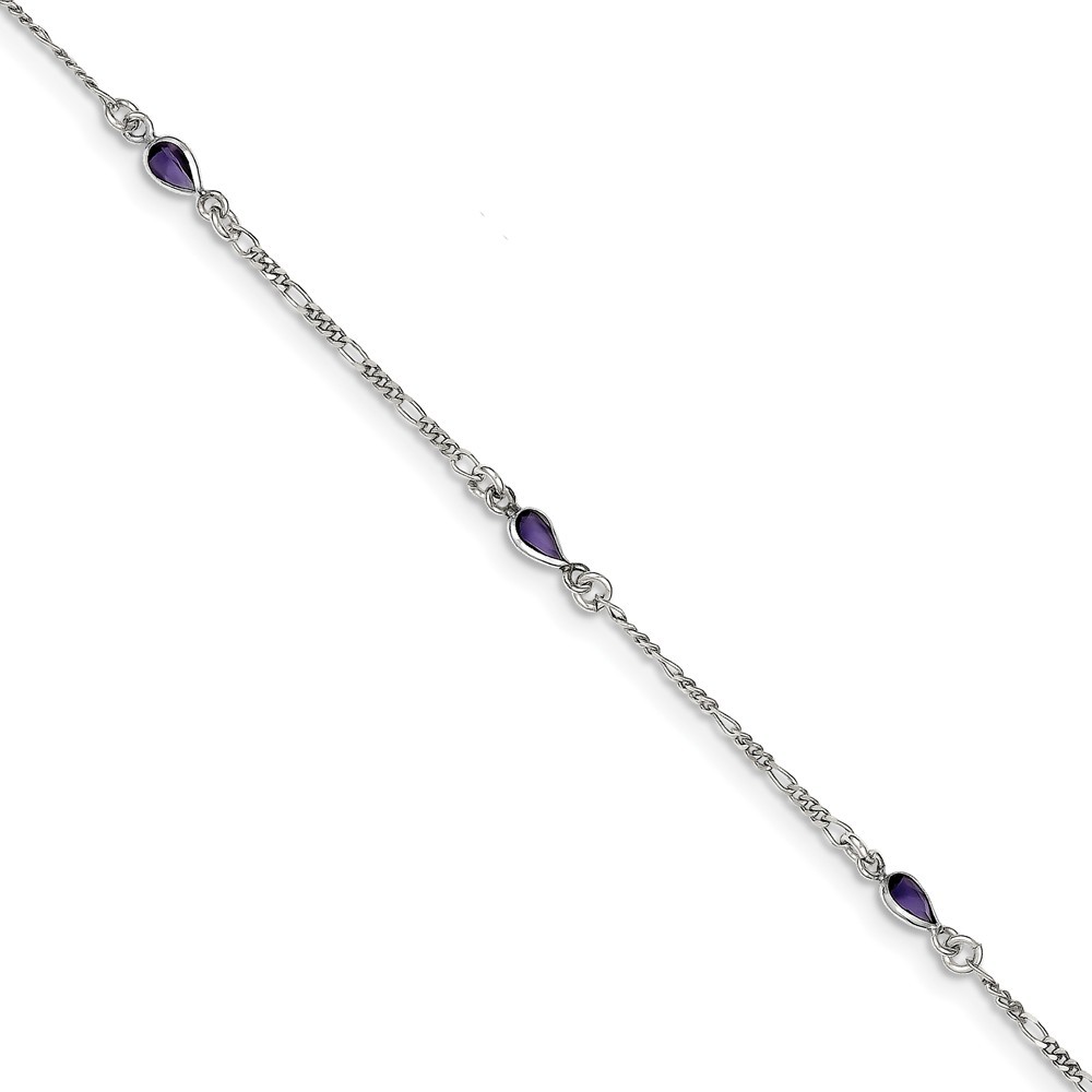 Jewelryweb Sterling Silver Purple Glass Ankle Bracelet - 9 Inch - Spring Ring