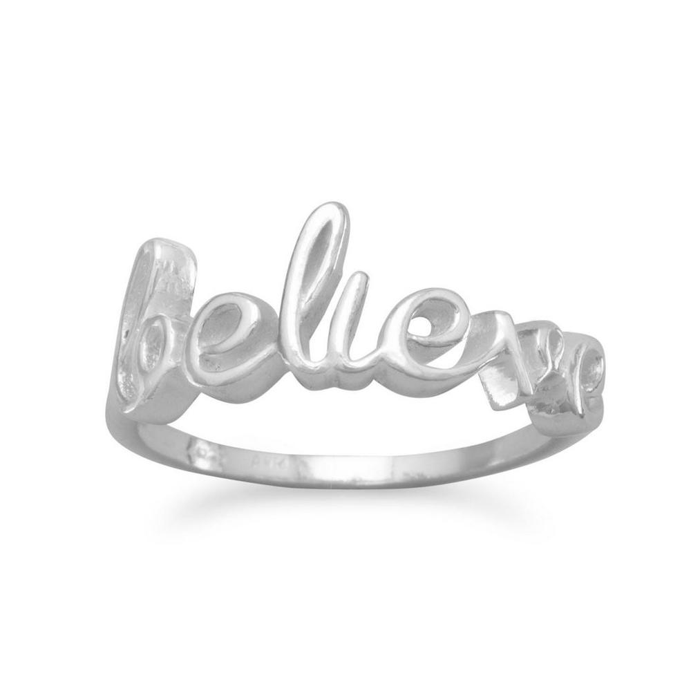 Jewelryweb Polished Sterling Silver Script Believe Ring 1.5mm Wide Message Measures 7.5mm X 20mm - Size 8