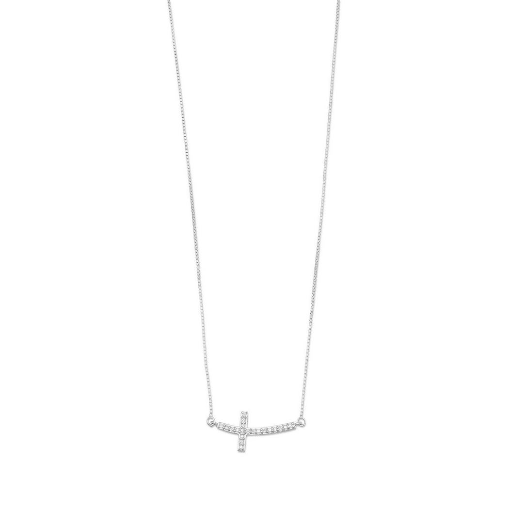 Jewelryweb 18 Inch + 2 Inch Extention Rhod. P. Ster. Silver Necklace 9mm X 18mm Sideways Diamond Cross .10ctw