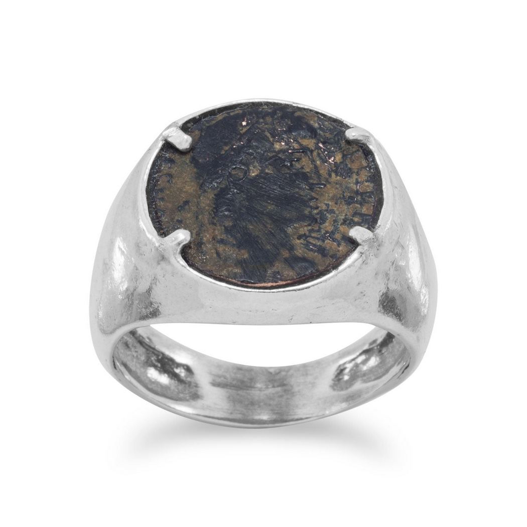 Jewelryweb Lightly Hammered Sterling Silver Tapered Band Ring Late Roman Bronze Coin Coin 13.5mm - Size 9