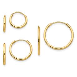 Jewelryweb 14k Yellow Gold Polished 3-Pair Set - Endless Hoop Earrings - Measures 1mm Wide 1mm Thick