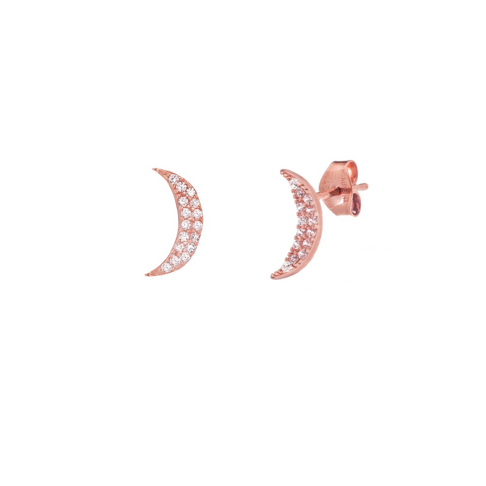 Jewelryweb 14k Rose Gold Cresent Moon Cubic Zirconia Stud Earrings