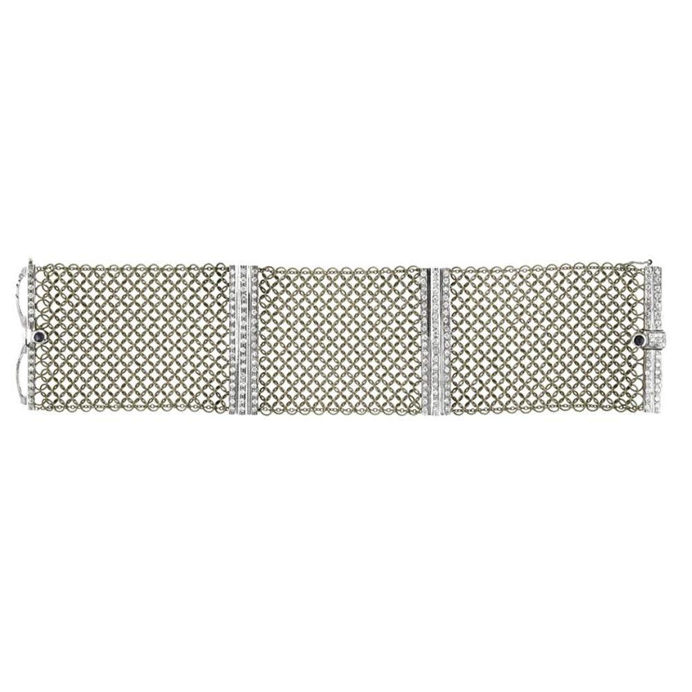 Jewelryweb 18k White Gold Bracelet Mesh 40mm Wire Flat Sapphire 1.52 Dwt Diamond - 7.25 Inch
