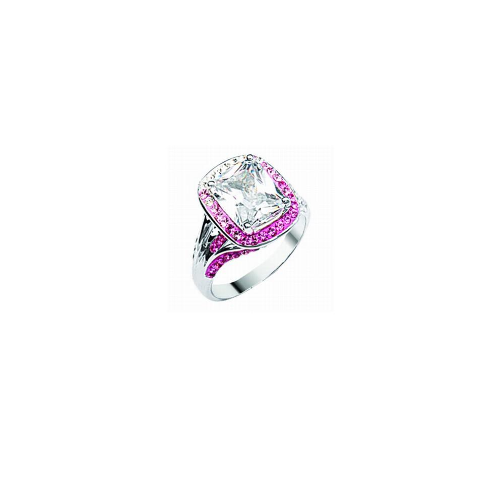 Jewelryweb Sterling Silver Rhodium Plated Pink White Square Ring With White Stone - Size 8