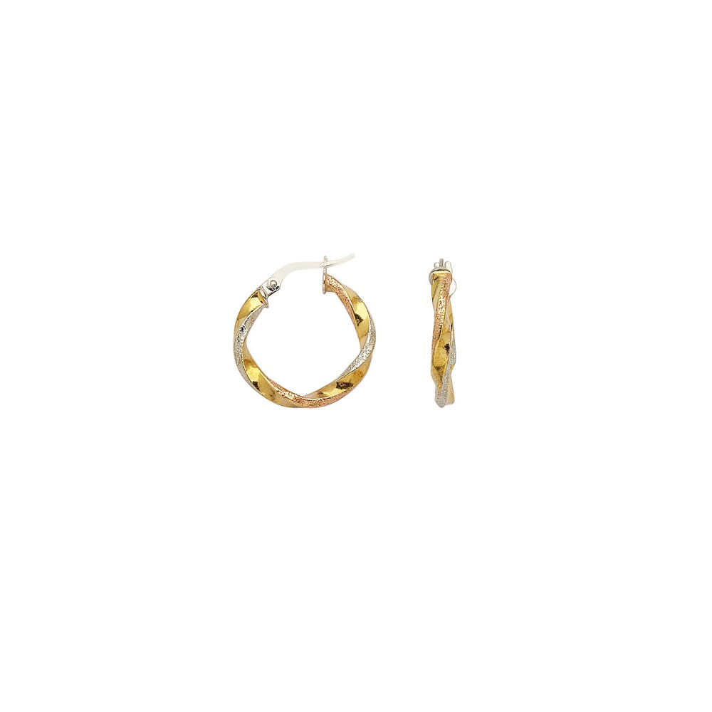Jewelryweb 14k Yellow White and Rose Gold Tri Color Satin And High Polish Twist Euro Hoop Earrings