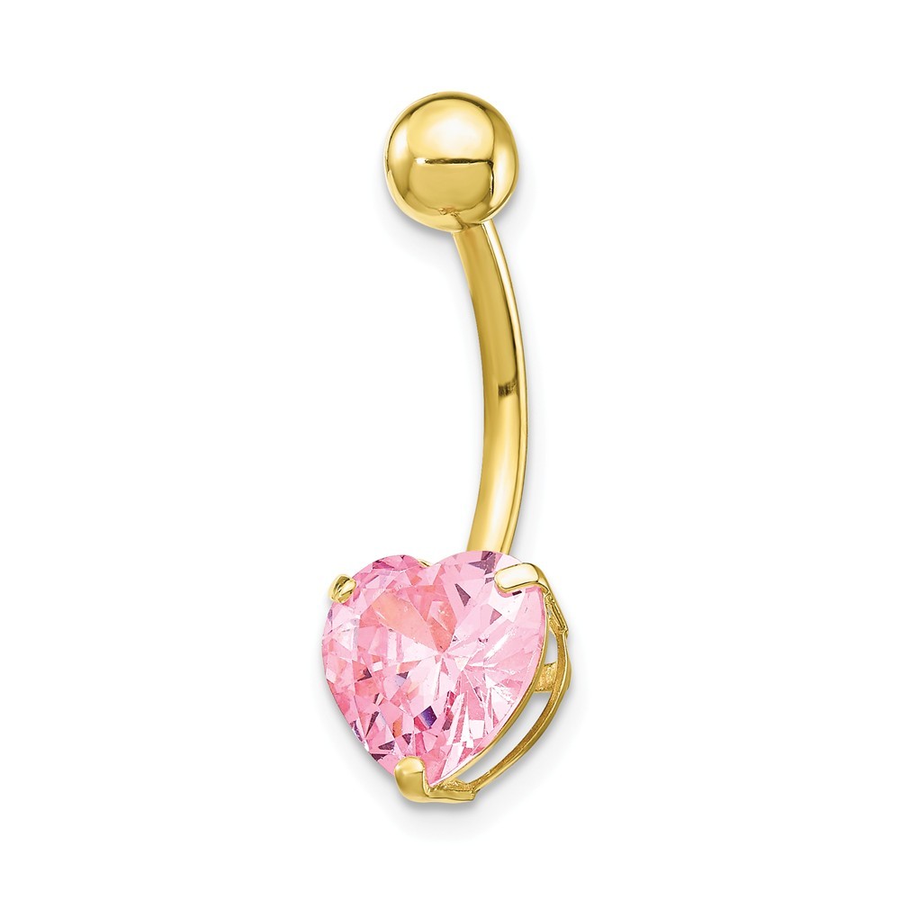 Jewelryweb 10k Yellow Gold With 8mm Pink Cubic Zirconia Heart Belly Ring Dangle