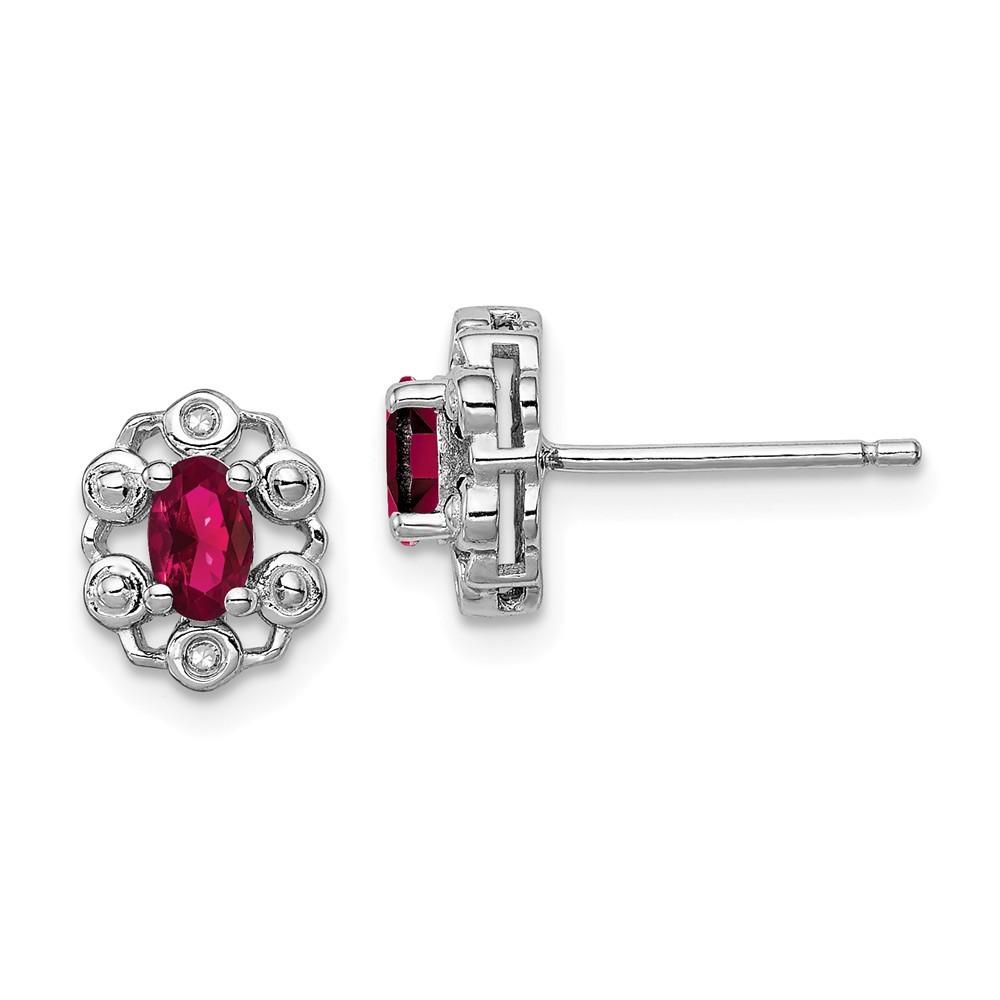 Jewelryweb Sterling Silver Created Ruby and Diamond Earrings - Measures 9x7mm Wide