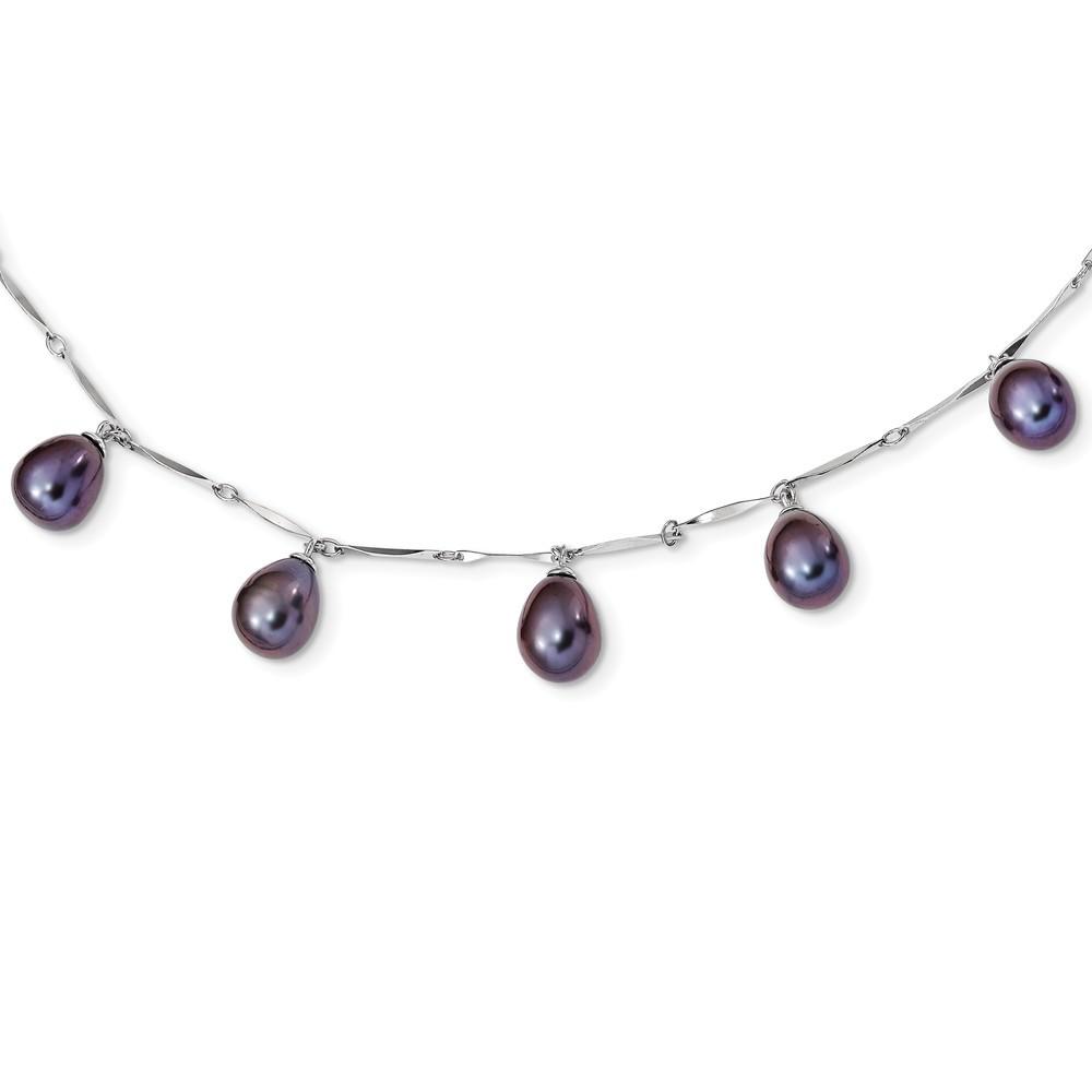 Jewelryweb Sterling Silver Rh 7-8mm Black Rice Freshwater Cultured Pearl Dangle Necklace - 17.5 Inch