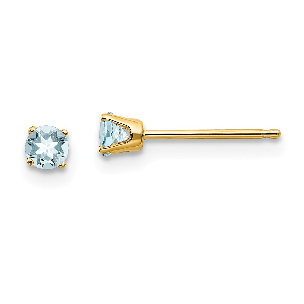 Jewelryweb 14k Yellow Gold 3mm Round March Birthstone Aquamarine Post Earrings - Measures 3x3mm Wide