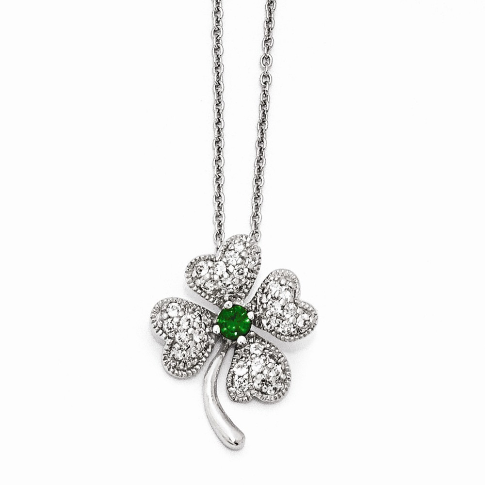 Jewelryweb Sterling Silver Simulated Emerald Cubic Zirconia 4-leaf Clover Necklace - 18 Inch - Measures 15mm Wi