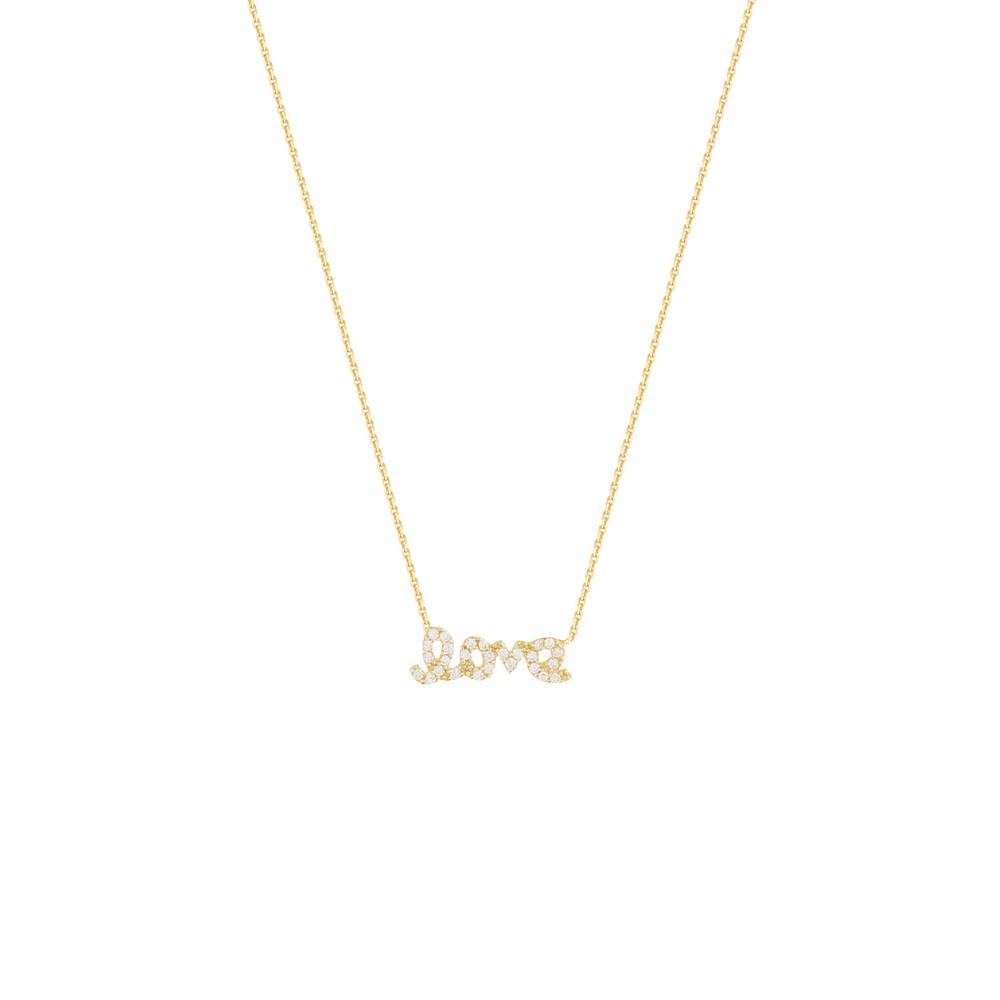 Jewelryweb 14k Yellow Gold Side-ways Adjustable Mini Cubic Zirconia Cursive Love Necklace - 18 Inch