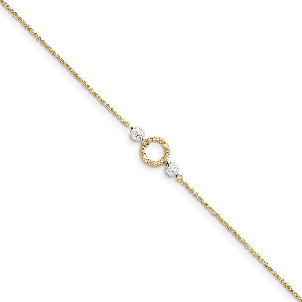 Jewelryweb 14k Two-Tone Gold Circle and Bead 9inch With 1in Ext Anklet