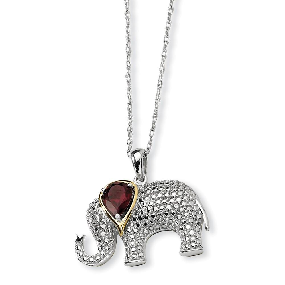 Jewelryweb Sterling Silver and 14K Garnet and Diamond Elephant Necklace - 17 Inch