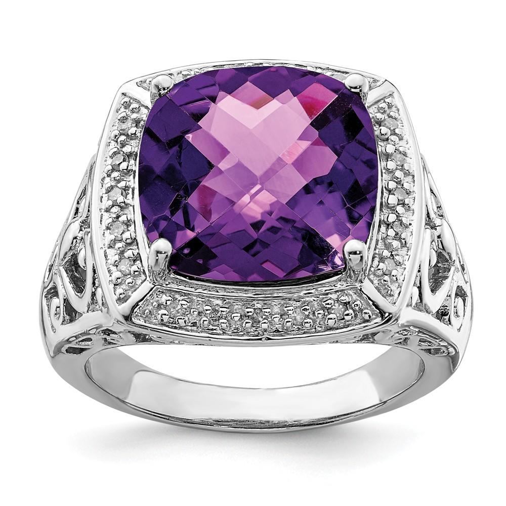 Jewelryweb Sterling Silver Amethyst and Diamond Ring - Size 9