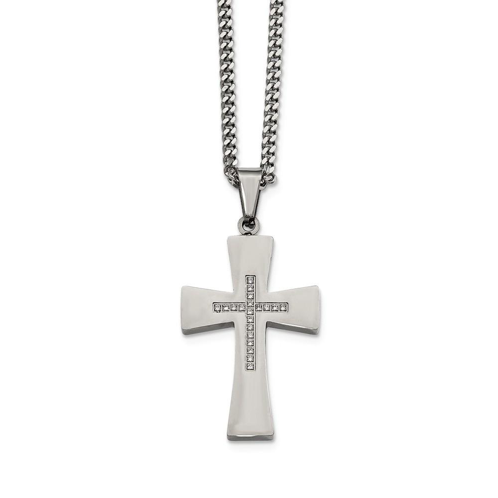 Jewelryweb Stainless Steel Polished Cubic Zirconia Cross Necklace - 22 Inch - Measures 24.83mm Wide