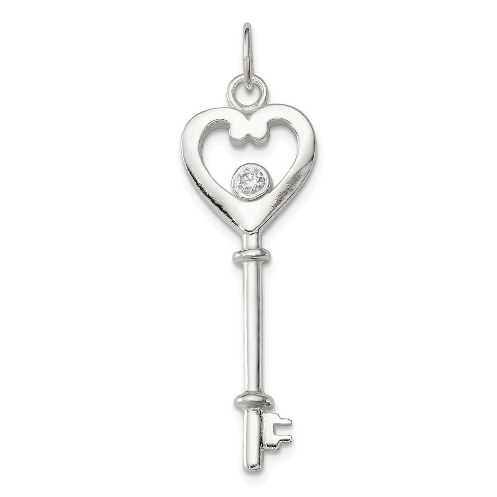 Jewelryweb 13mm Sterling Silver Polished Cubic Zirconia Heart Key Charm