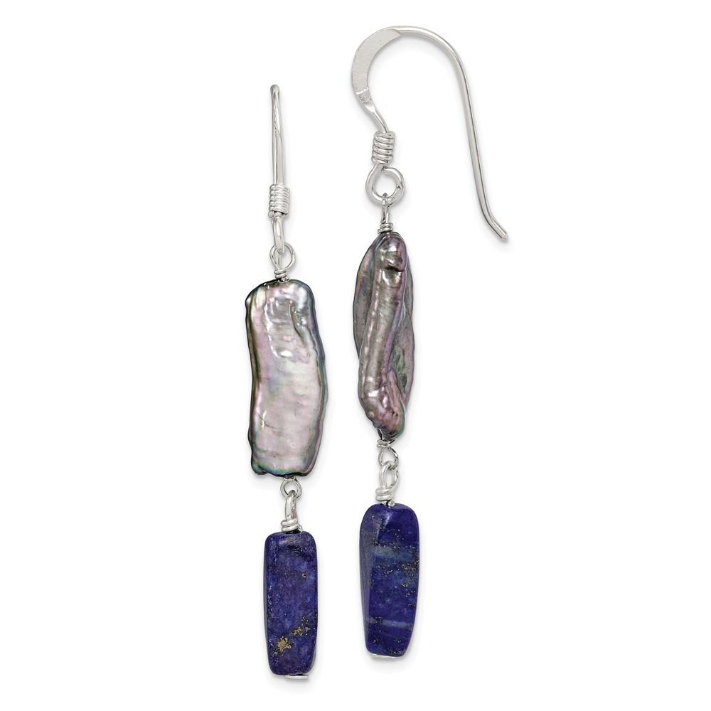 Jewelryweb Sterling Silver Blue Lapis and Grey Freshwater Cultured Pearl Earrings - Measures 55x9mm