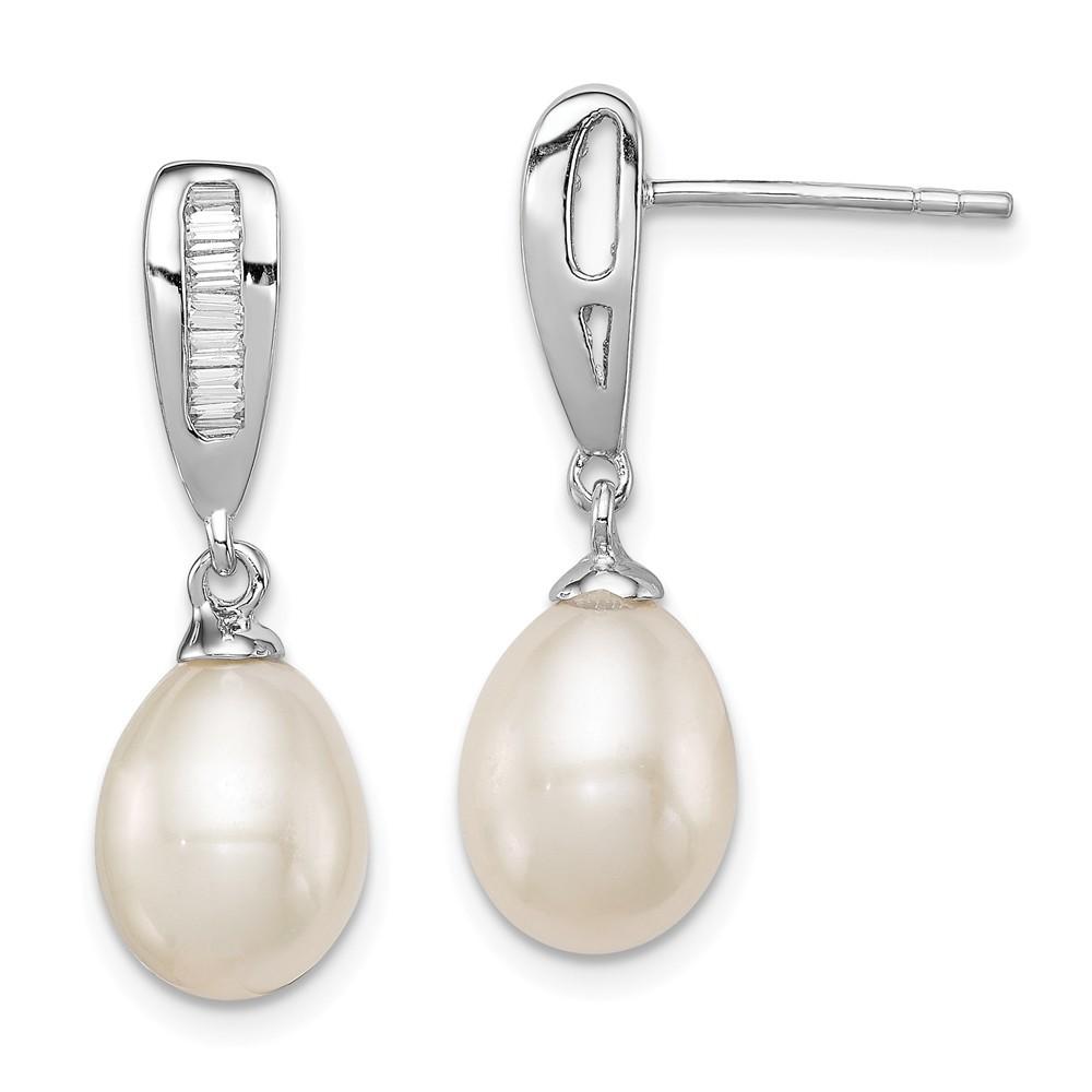 Jewelryweb Sterling Silver 7-8mm White Freshwater Cultured Pearl Cubic Zirconia Post Dangle Earrings - Measures