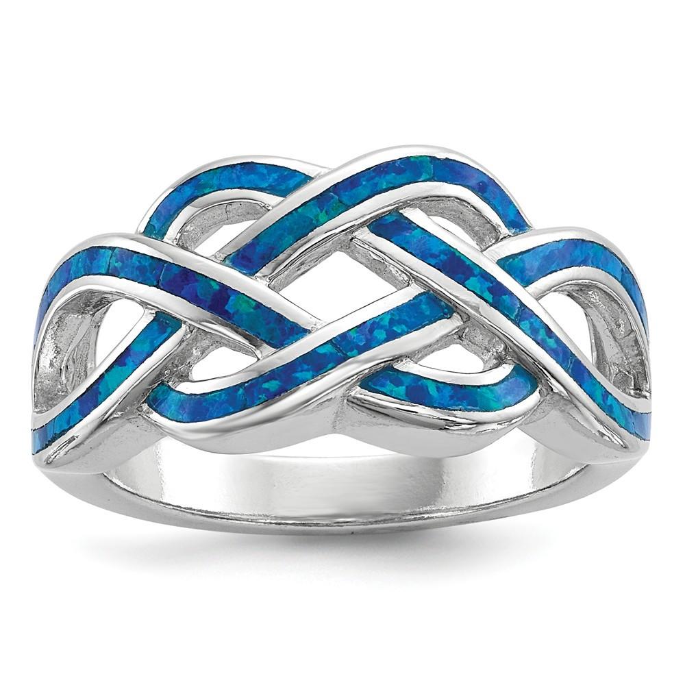 Jewelryweb Sterling Silver Rhodium-plated Blue Inlay Simulated Opal Knot Ring - Size 6