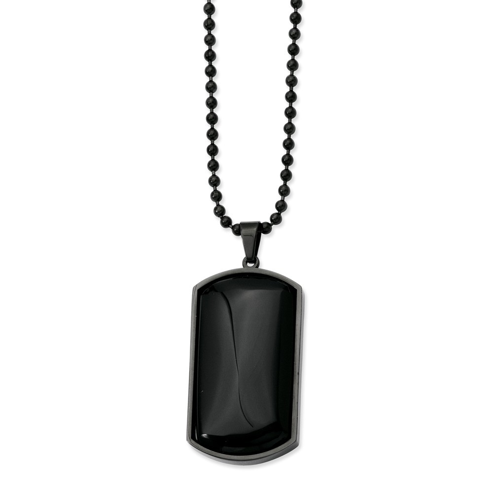 Jewelryweb Stainless Steel Ip Black-plated and Black Agate Dog Tag Pendant 30inch Necklace - 30 Inch