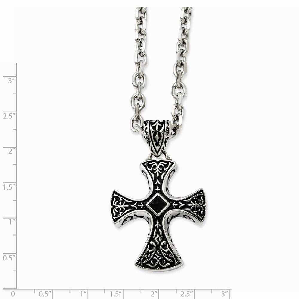 Jewelryweb Stainless Steel Black Agate and Antiqued Cross Pendant 24inch Necklace - 24 Inch