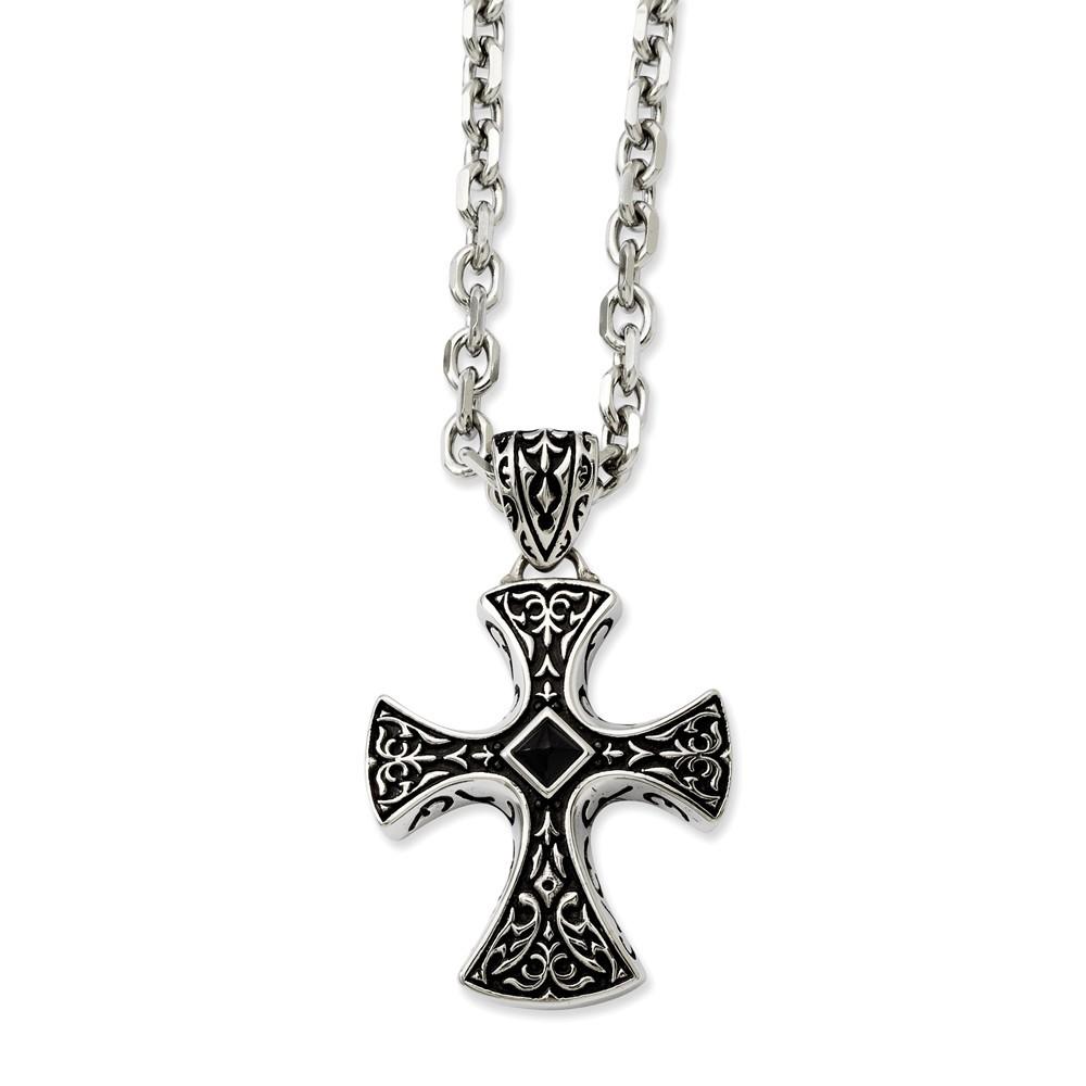 Jewelryweb Stainless Steel Black Agate and Antiqued Cross Pendant 24inch Necklace - 24 Inch