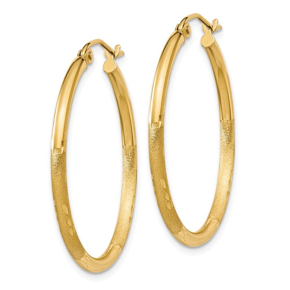 Jewelryweb 14k Yellow Gold Satin and Sparkle-Cut 2mm Round Tube Hoop Earrings - Measures 25x25mm