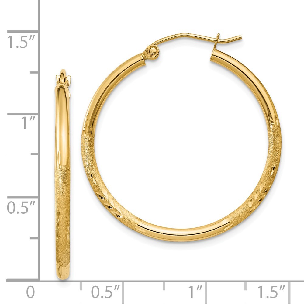 Jewelryweb 14k Yellow Gold Satin and Sparkle-Cut 2mm Round Tube Hoop Earrings - Measures 25x25mm