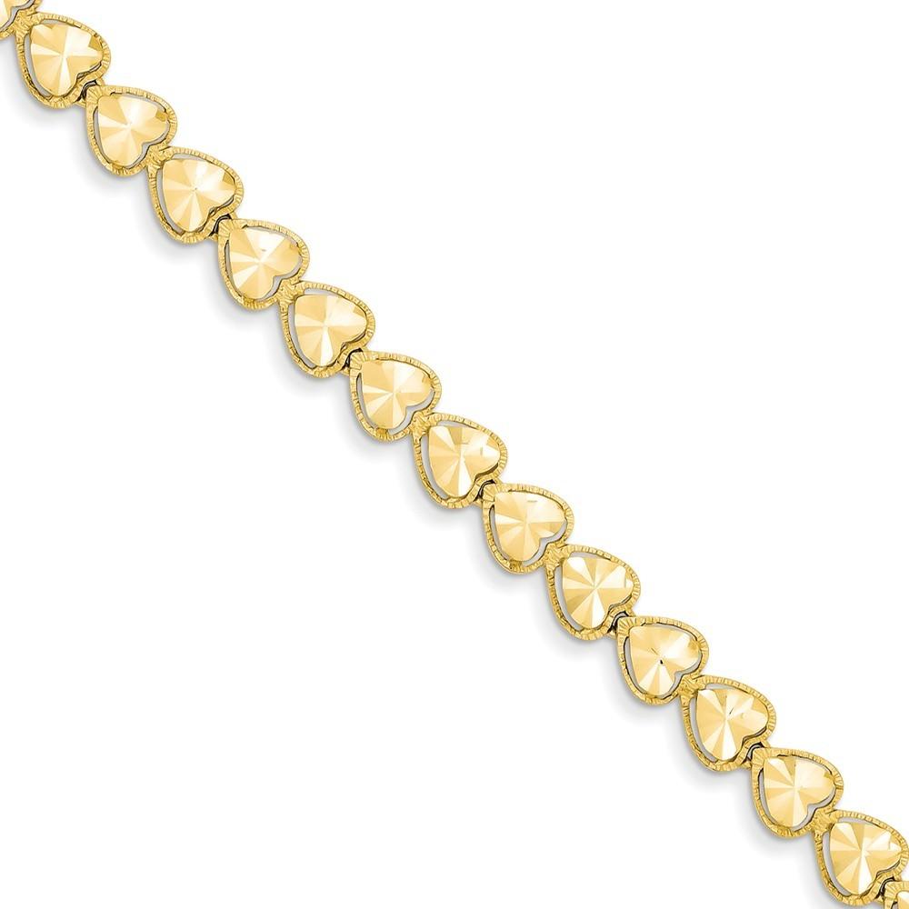 Jewelryweb 14k Yellow Gold Sparkle-Cut Heart Bracelet - 7 Inch - Box Clasp