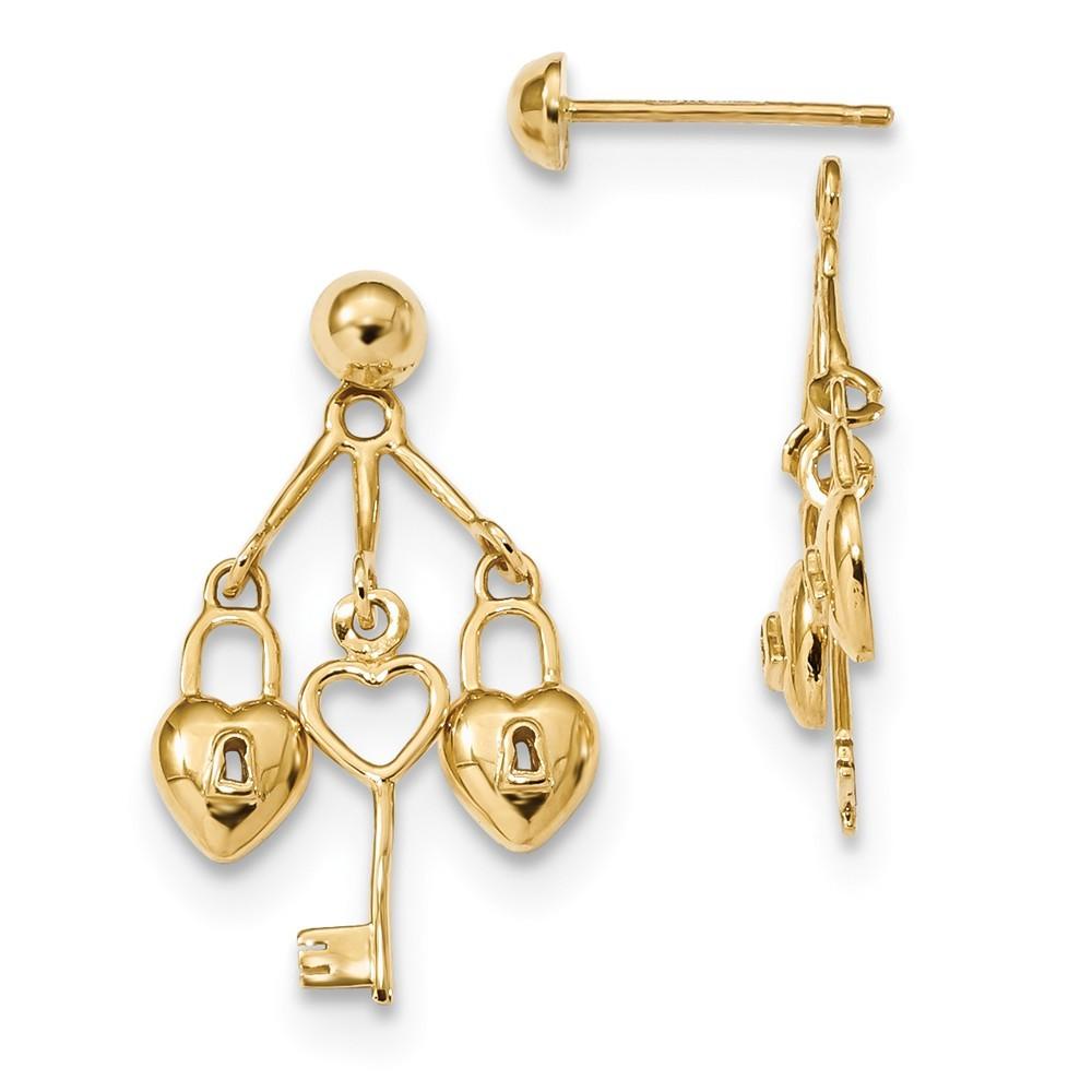 Jewelryweb 14k Polished Hearts and Key Dangle Jackets With Half Ball Stud Earrings - Measures 25x15mm Wide