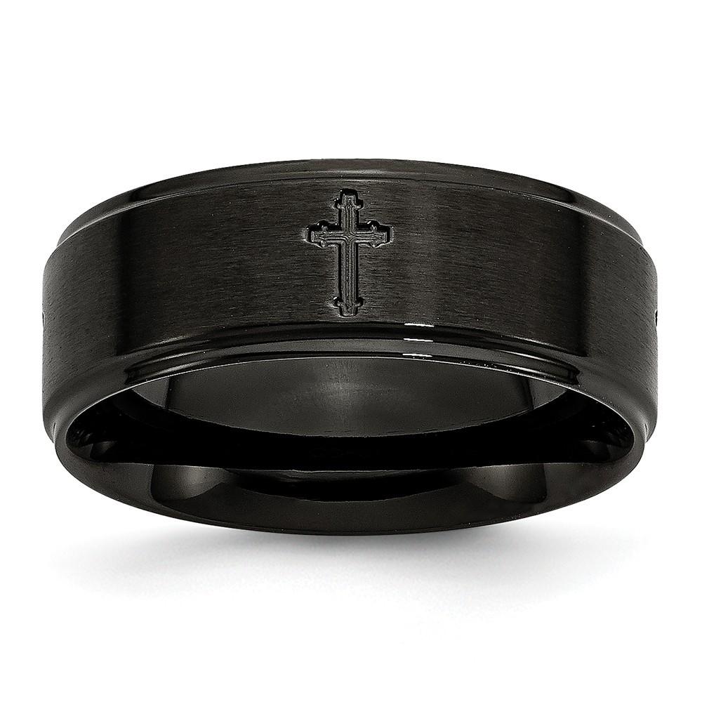 Jewelryweb Stainless Steel 8mm Brushed Polished Cross Cut-out Black Ip-plated Band Ring - Size 13