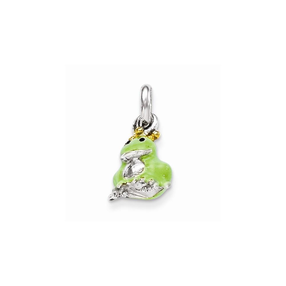 Jewelryweb Sterling Silver Green Frog Childrens Gold-Flashed Enameled Pendant